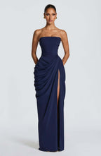 Freya | Womens Strapless Pleated Slit Maxi Wedding Guest Black Tie Summer Dresses - Dark Blue
