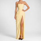 Freya | Womens Strapless Pleated Slit Maxi Wedding Guest Black Tie Summer Dresses, Light Yellow