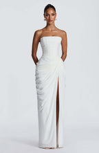Freya | Womens Strapless Pleated Slit Maxi Wedding Guest Black Tie Summer Dresses - White