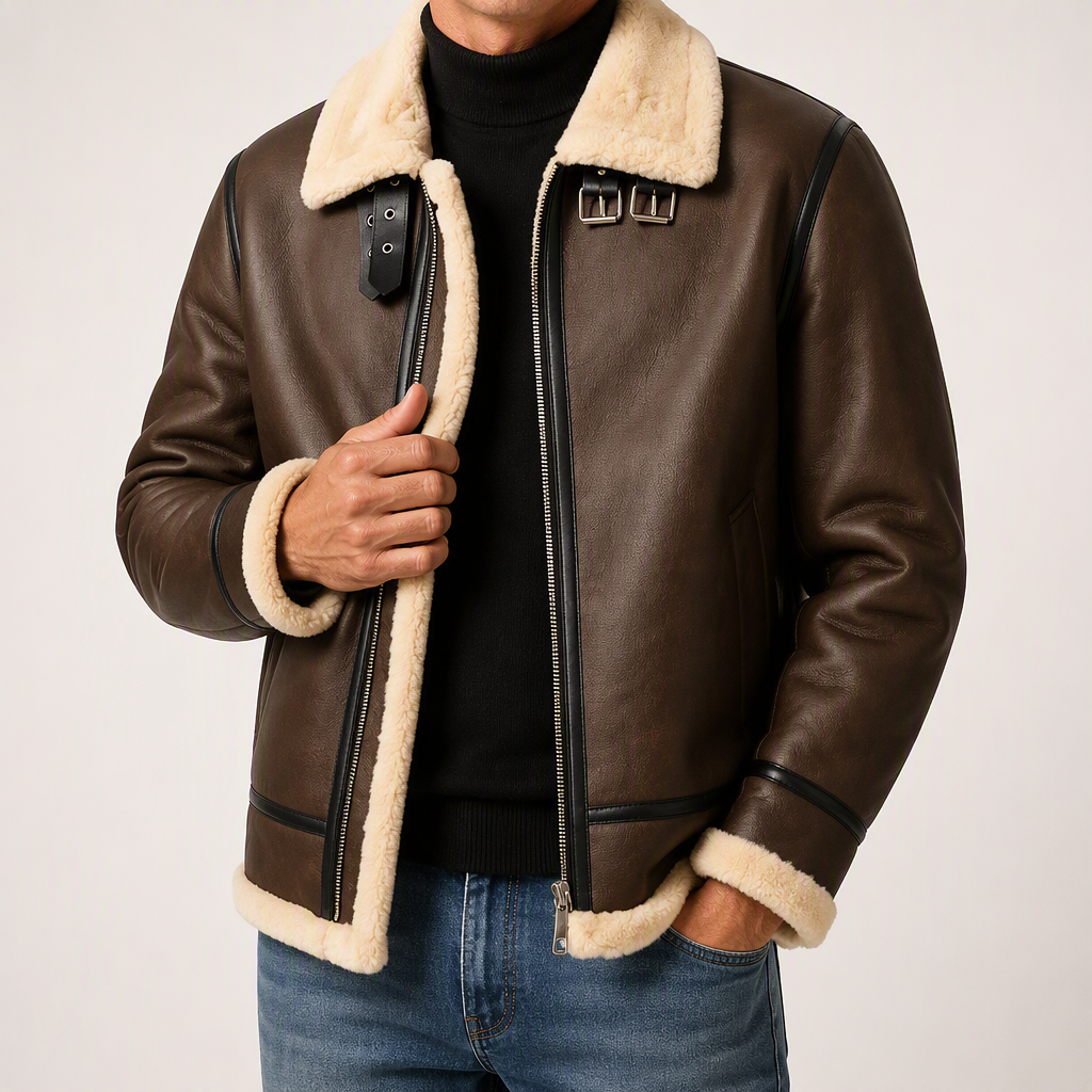 Gabe | Mens Leather Jacket Faux Shearling Lined Bomber Aviator Flight Biker Coat, Brown