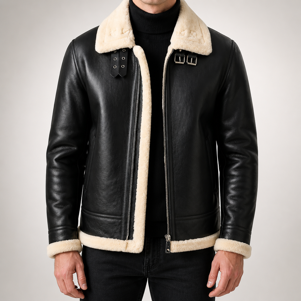 Gabe | Mens Leather Jacket Faux Shearling Lined Bomber Aviator Flight Biker Coat, Black