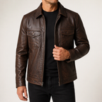 Garrick | Mens Leather Jacket Stand Collar Motorcycle Biker Jacket, Brown