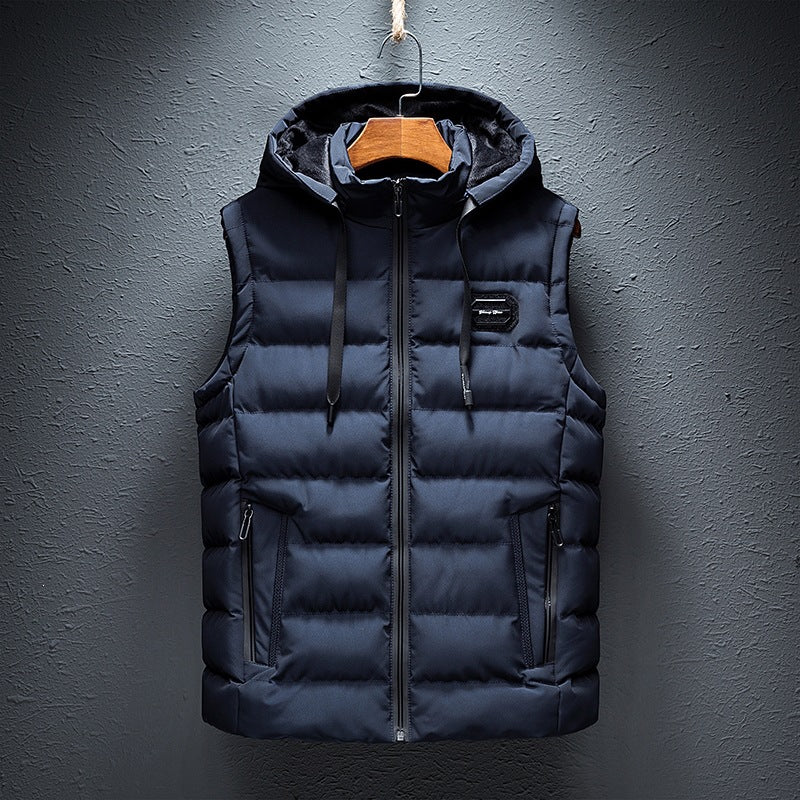 Gavin | Mens Sherpa Fleece Hooded Sleeveless Quilted Winter Vest Jacket, Dark Blue