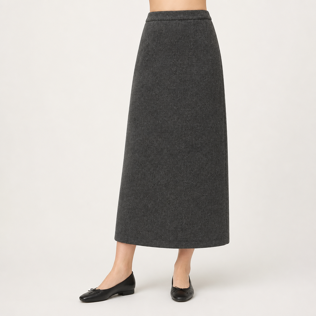 Gayle | Womens Knit Midi Skirt Straight A Line Textured Grid Weave, Grey