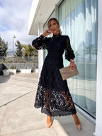 Genevieve | Womens Lace A Line Long Puff Sleeve Wedding Guest Elegant Dresses - 8