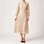 Genevieve | Womens Wedding Guest Lace A-Line Puff Sleeve Dresses, Apricot