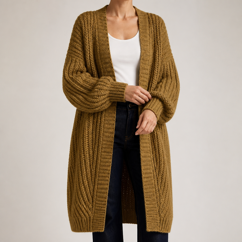 Genevieve | Womens Long Knitted Loose Thickened Winter Ladies Cardigan, Khaki