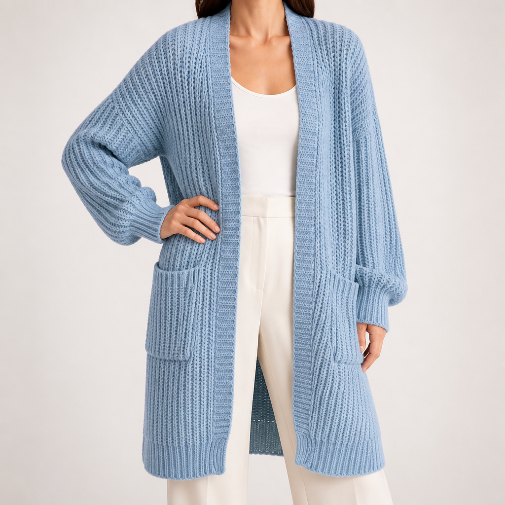 Genevieve | Womens Long Knitted Loose Thickened Winter Ladies Cardigan, Light Blue