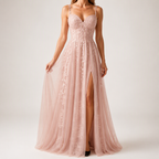 Genevieve | Womens Prom Formal Evening Gown Maxi Wedding Guest Cocktail Dresses, Blush Pink