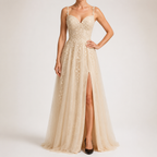 Genevieve | Womens Prom Formal Evening Gown Maxi Wedding Guest Cocktail Dresses, Champagne
