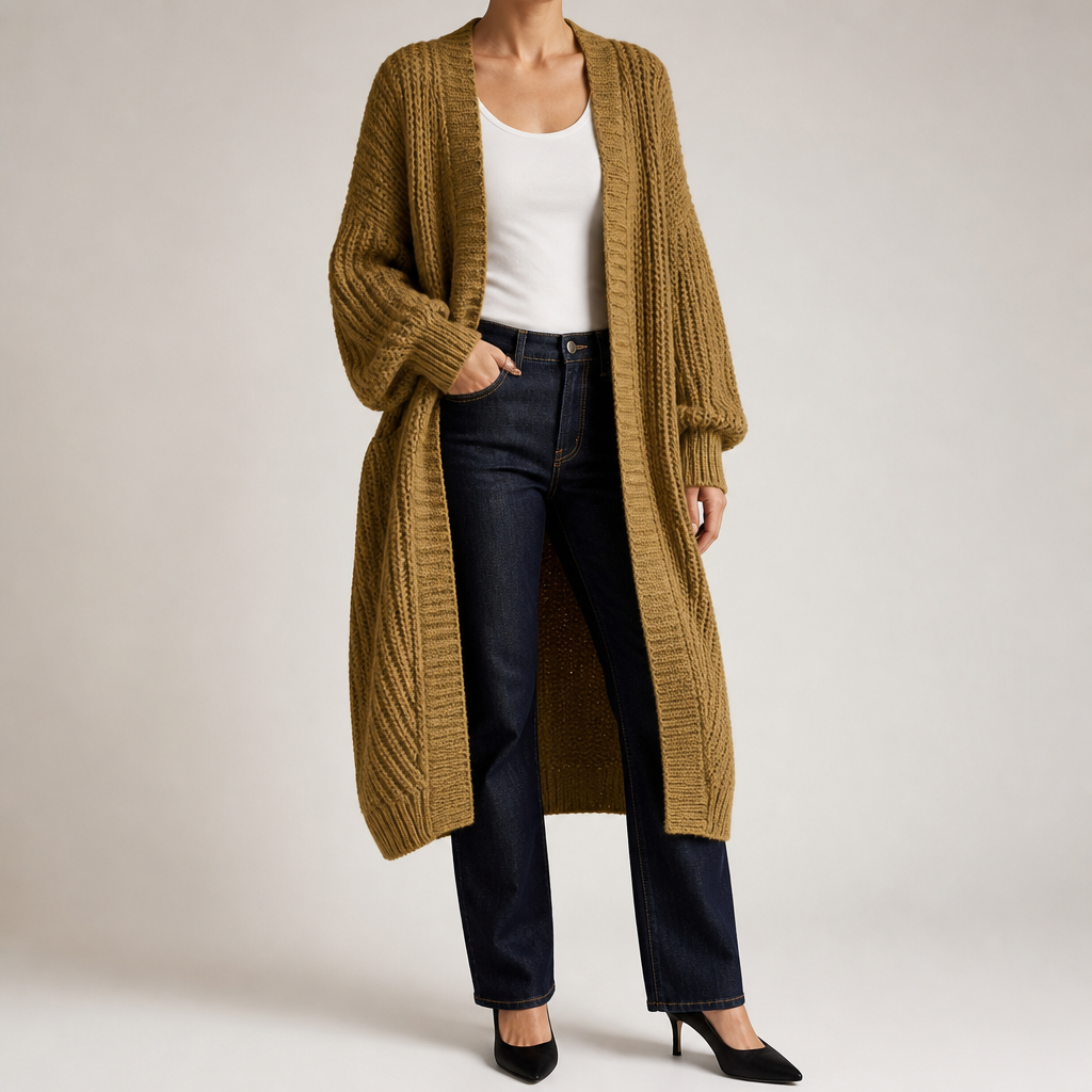 Georgia | Womens Long Cardigan Knit Loose Thick Winter Ladies Sweater, Khaki