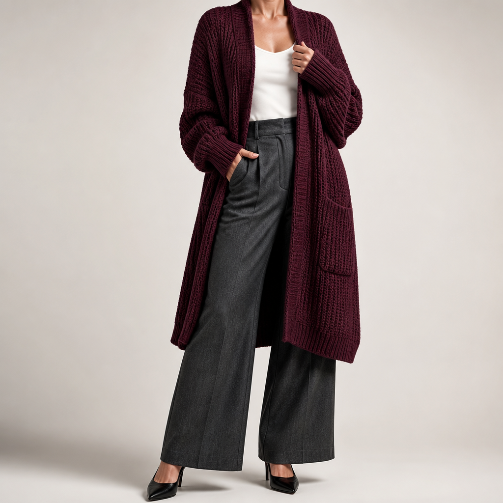 Georgia | Womens Long Cardigan Knit Loose Thick Winter Ladies Sweater, Wine Red