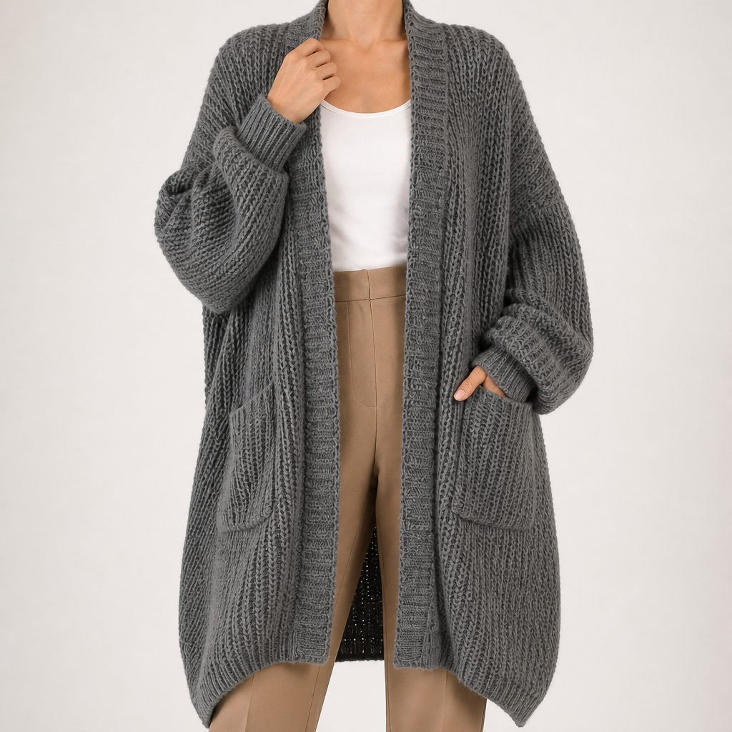 Georgia | Womens Long Cardigan Knit Loose Thick Winter Ladies Sweater, Dark Grey