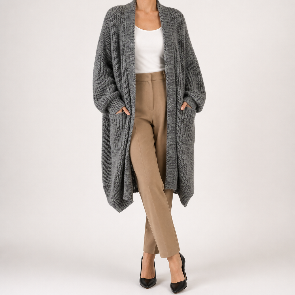 Georgia | Womens Long Cardigan Knit Loose Thick Winter Ladies Sweater, Dark Grey