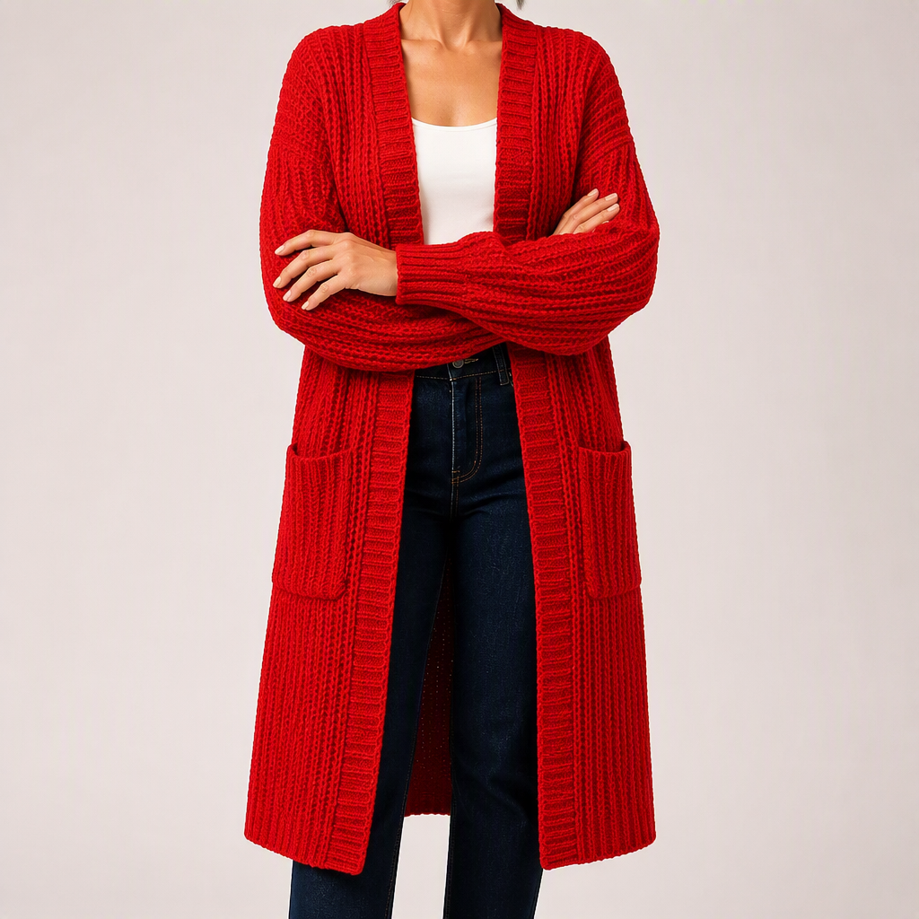 Georgia | Womens Long Cardigan Knit Loose Thick Winter Ladies Sweater, Red