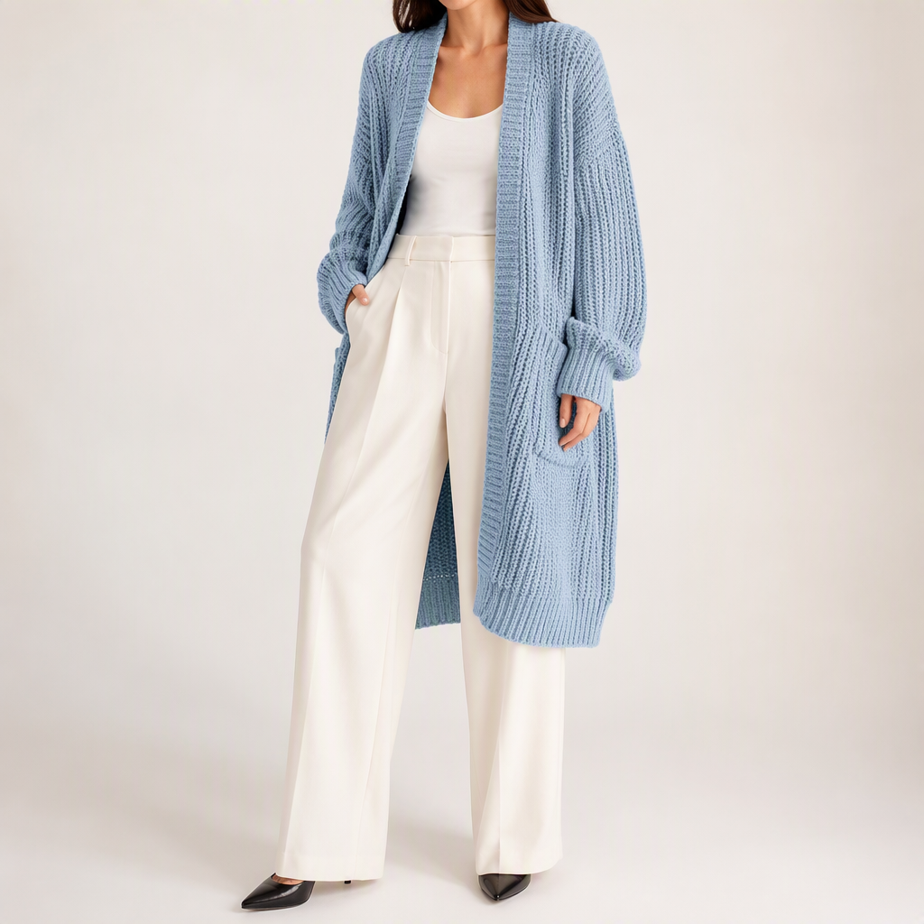 Georgia | Womens Long Cardigan Knit Loose Thick Winter Ladies Sweater, Light Blue