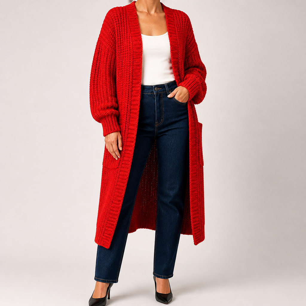Georgia | Womens Long Cardigan Knit Loose Thick Winter Ladies Sweater, Red