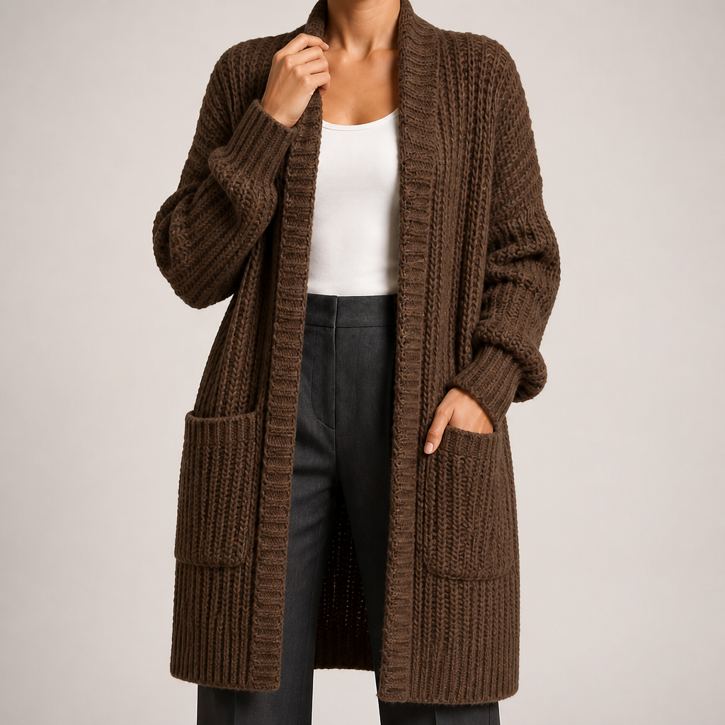 Georgia | Womens Long Cardigan Knit Loose Thick Winter Ladies Sweater, Brown