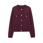 Georgina | Womens Gold Button Knit Jacket - Wine Red