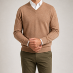 Gideon | Mens V Neck Knitted Jumper Loose Knit Sweater, Khaki 2