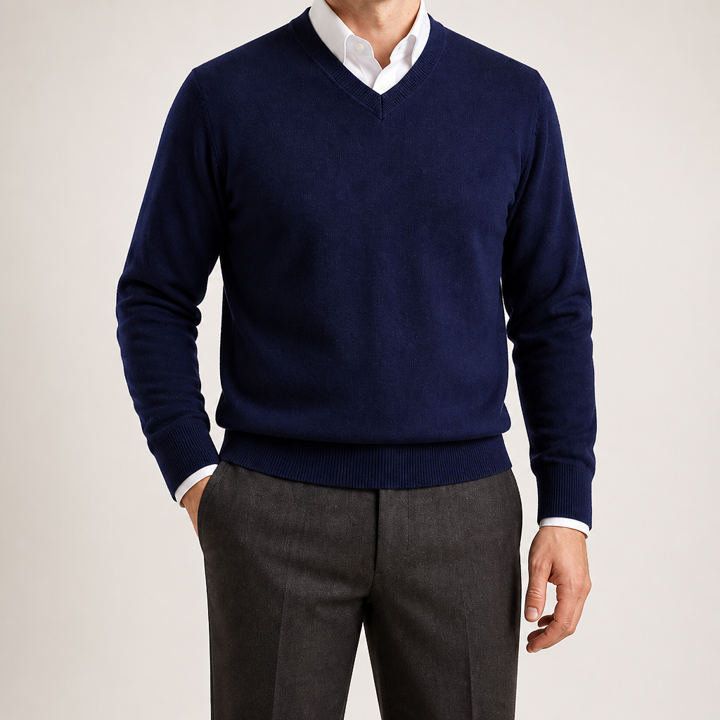 Gideon | Mens V Neck Knitted Jumper Loose Knit Sweater, Navy Blue 2
