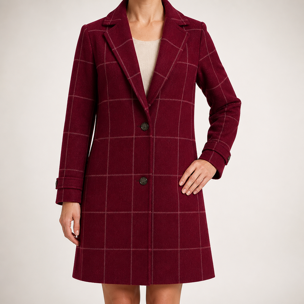 Gillian | Womens Plaid Coat Check Mid Length Winter Overcoat, Wine Red