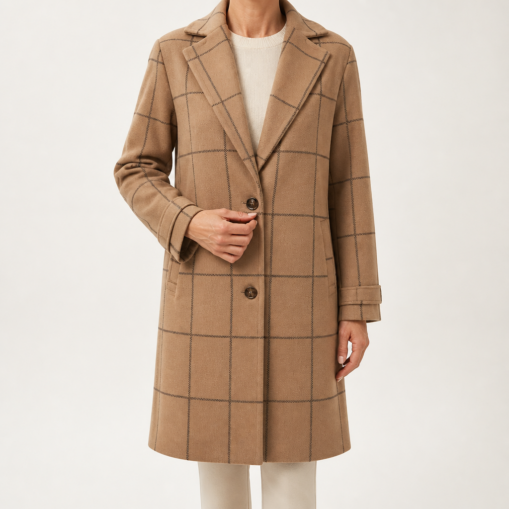 Gillian | Womens Plaid Coat Check Mid Length Winter Overcoat, Camel