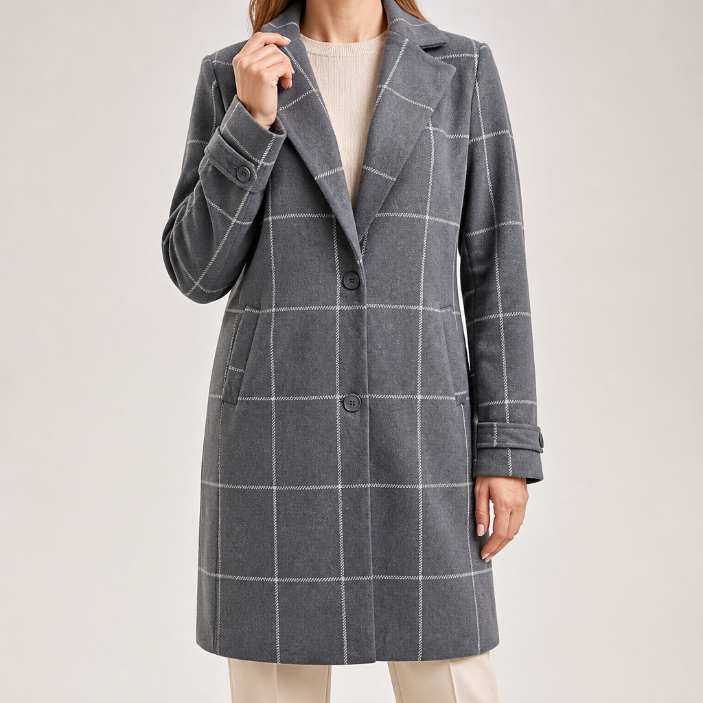 Gillian | Womens Plaid Coat Check Mid Length Winter Overcoat, Grey