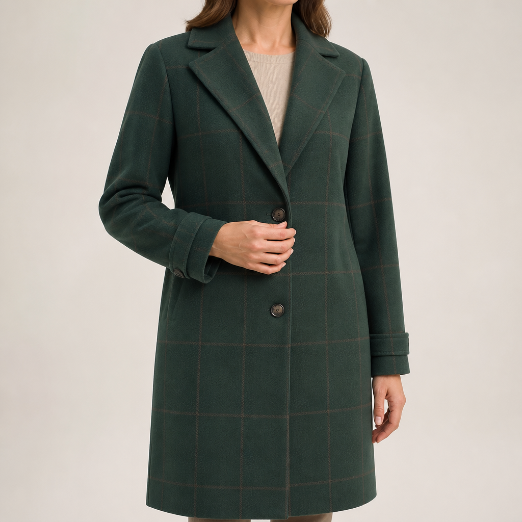 Gillian | Womens Plaid Coat Check Mid Length Winter Overcoat, Dark Green