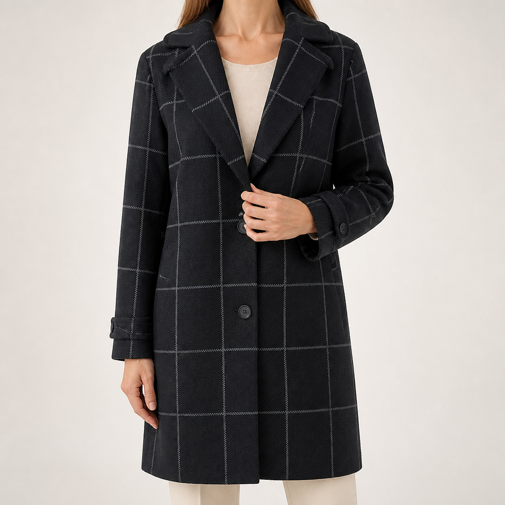 Gillian | Womens Plaid Coat Check Mid Length Winter Overcoat, Black
