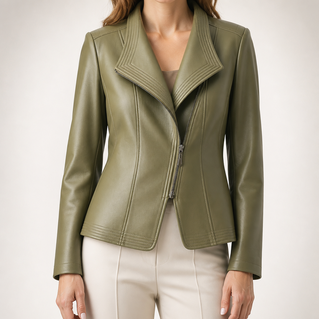 Gina | Womens Faux Leather Jacket Slim Fit Long Sleeve Casual Coat, Avocado