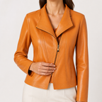 Gina | Womens Faux Leather Jacket Slim Fit Long Sleeve Casual Coat, Orange