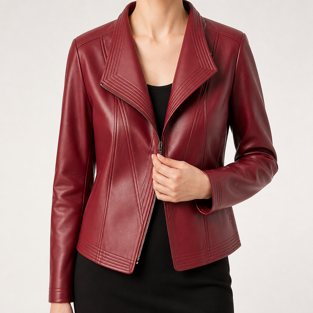 Gina | Womens Faux Leather Jacket Slim Fit Long Sleeve Casual Coat, Burgundy