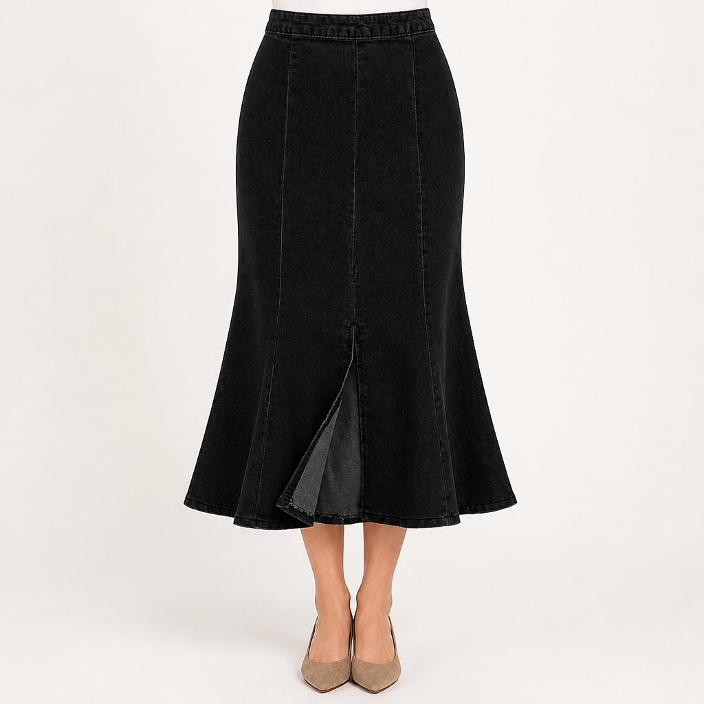 Gloria | Womens Fishtail Split High Waisted Denim Midi Skirt, Black