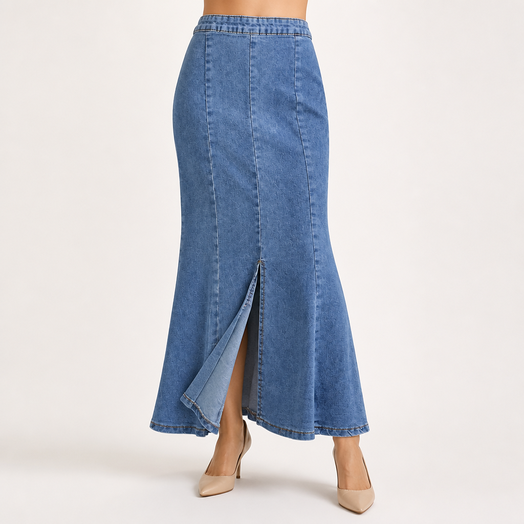 Gloria | Womens Fishtail Split High Waisted Denim Midi Skirt, Blue