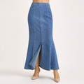 Gloria | Womens Fishtail Split High Waisted Denim Midi Skirt, Blue