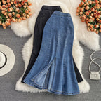 Gloria | Womens Fishtail Split High Waisted Denim Midi Skirt