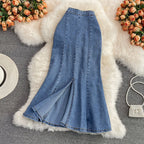 Gloria | Womens Fishtail Split High Waisted Denim Midi Skirt