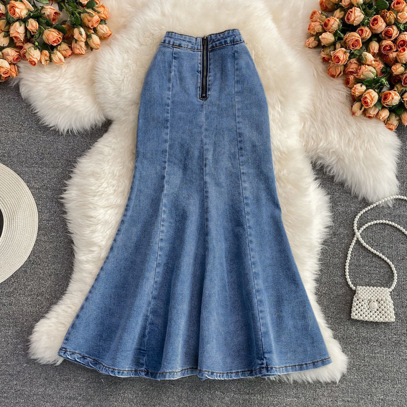 Gloria | Womens Fishtail Split High Waisted Denim Midi Skirt