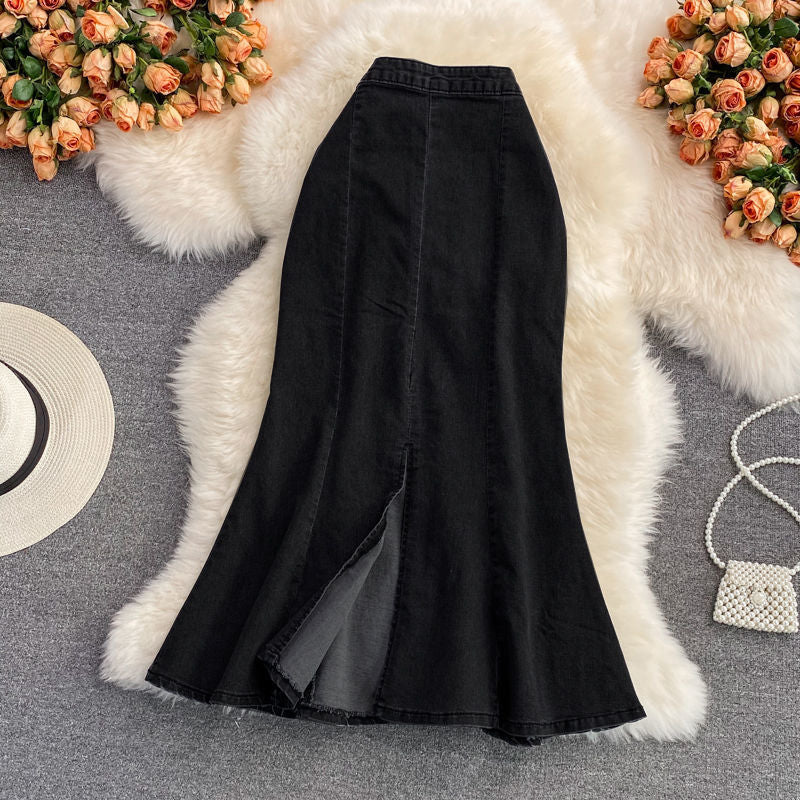Gloria | Womens Fishtail Split High Waisted Denim Midi Skirt