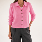 Goldie | Womens Polo Collar Button Front Knit Cardigan Sweater Jacket, Pink