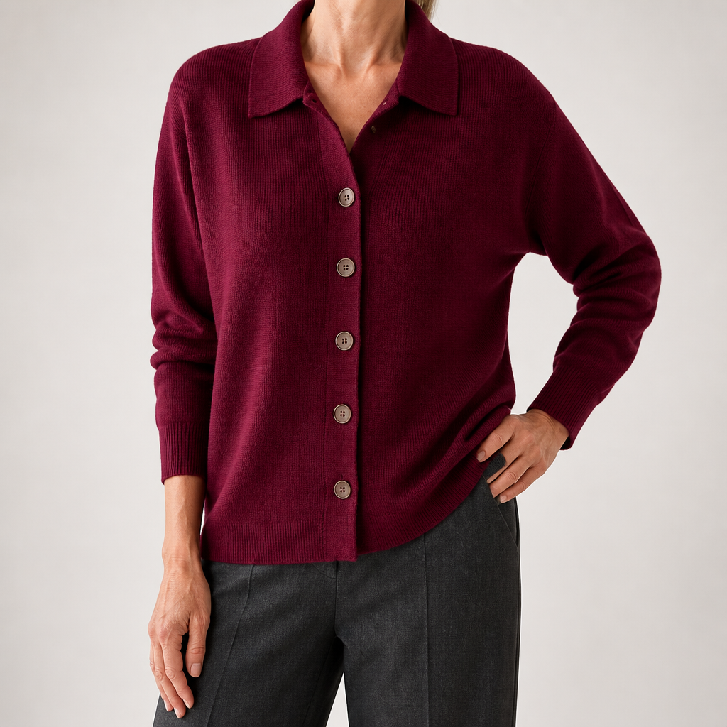 Goldie | Womens Polo Collar Button Front Knit Cardigan Sweater Jacket, Burgundy