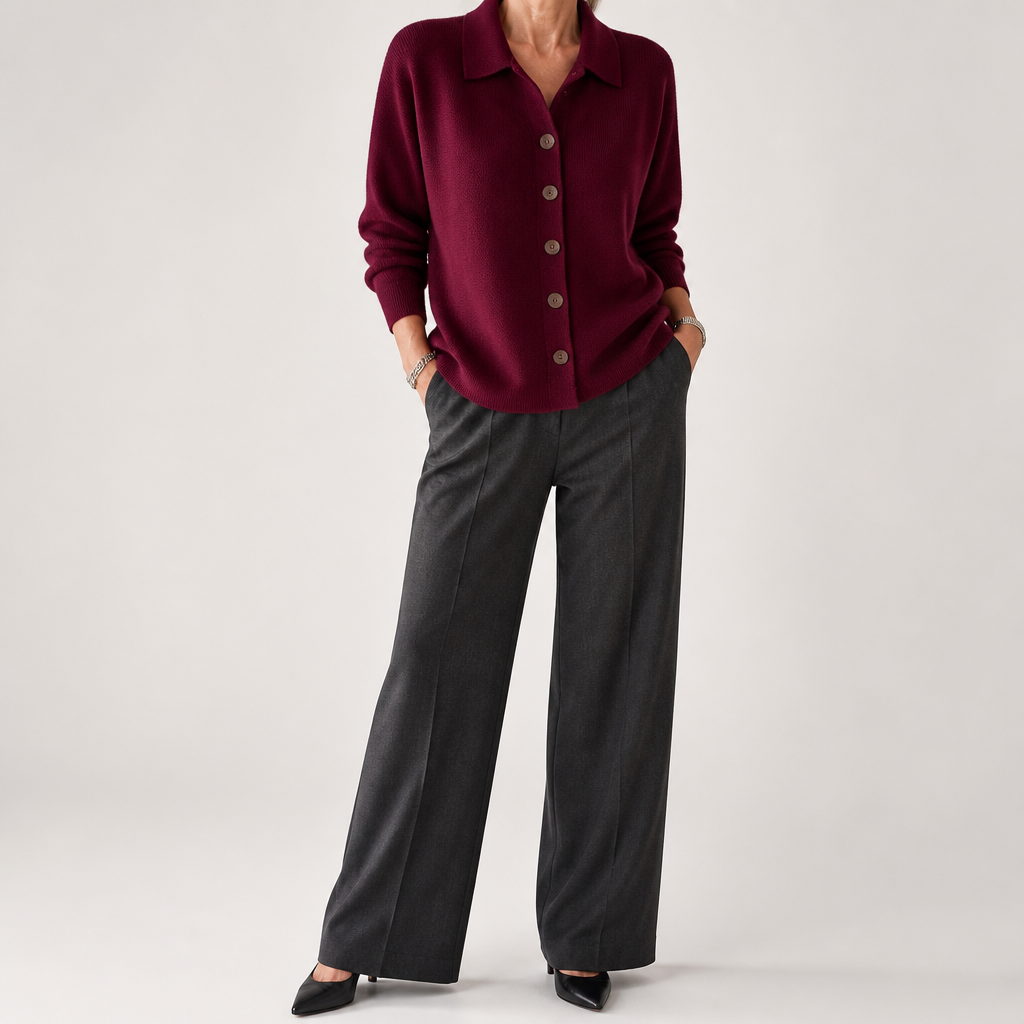 Goldie | Womens Polo Collar Button Front Knit Cardigan Sweater Jacket, Burgundy