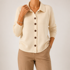 Goldie | Womens Polo Collar Button Front Knit Cardigan Sweater Jacket, Apricot