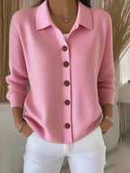 Goldie | Womens Polo Collar Button Front Knit Cardigan Sweater Jacket, Pink