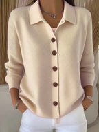 Goldie | Womens Polo Collar Button Front Knit Cardigan Sweater Jacket, Apricot