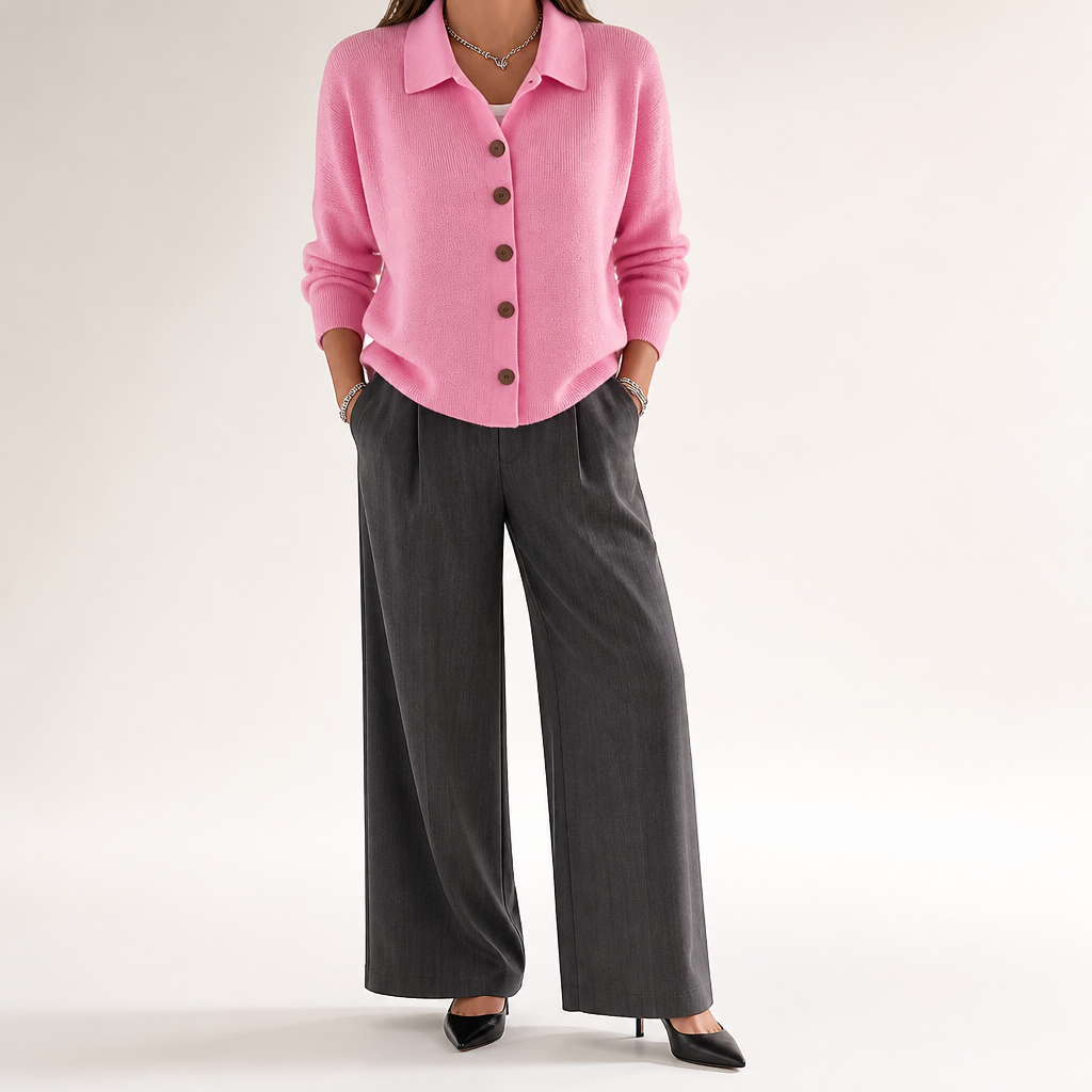 Goldie | Womens Polo Collar Button Front Knit Cardigan Sweater Jacket, Pink