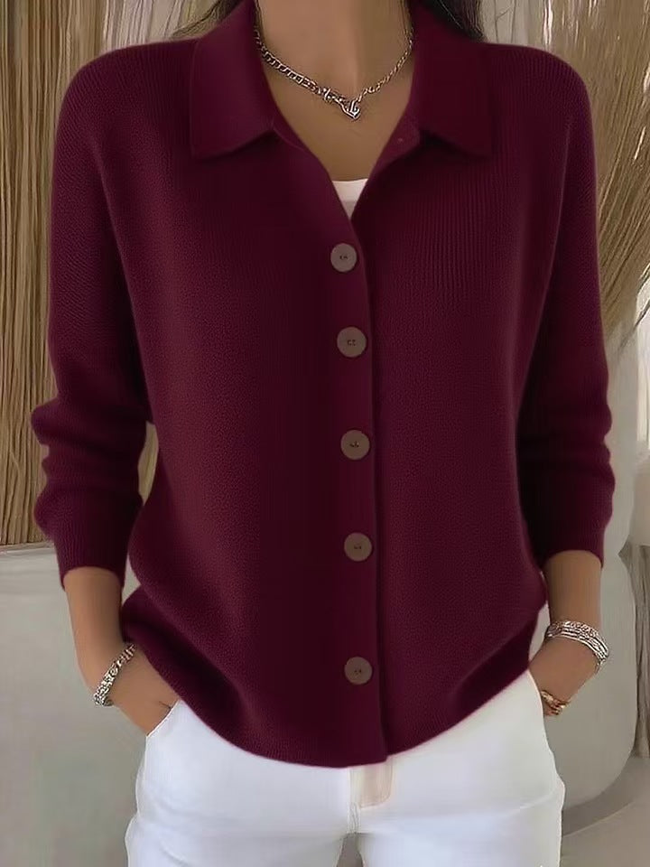 Goldie | Womens Polo Collar Button Front Knit Cardigan Sweater Jacket, Burgundy