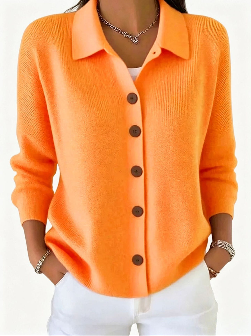 Goldie | Womens Polo Collar Button Front Knit Cardigan Sweater Jacket, Orange