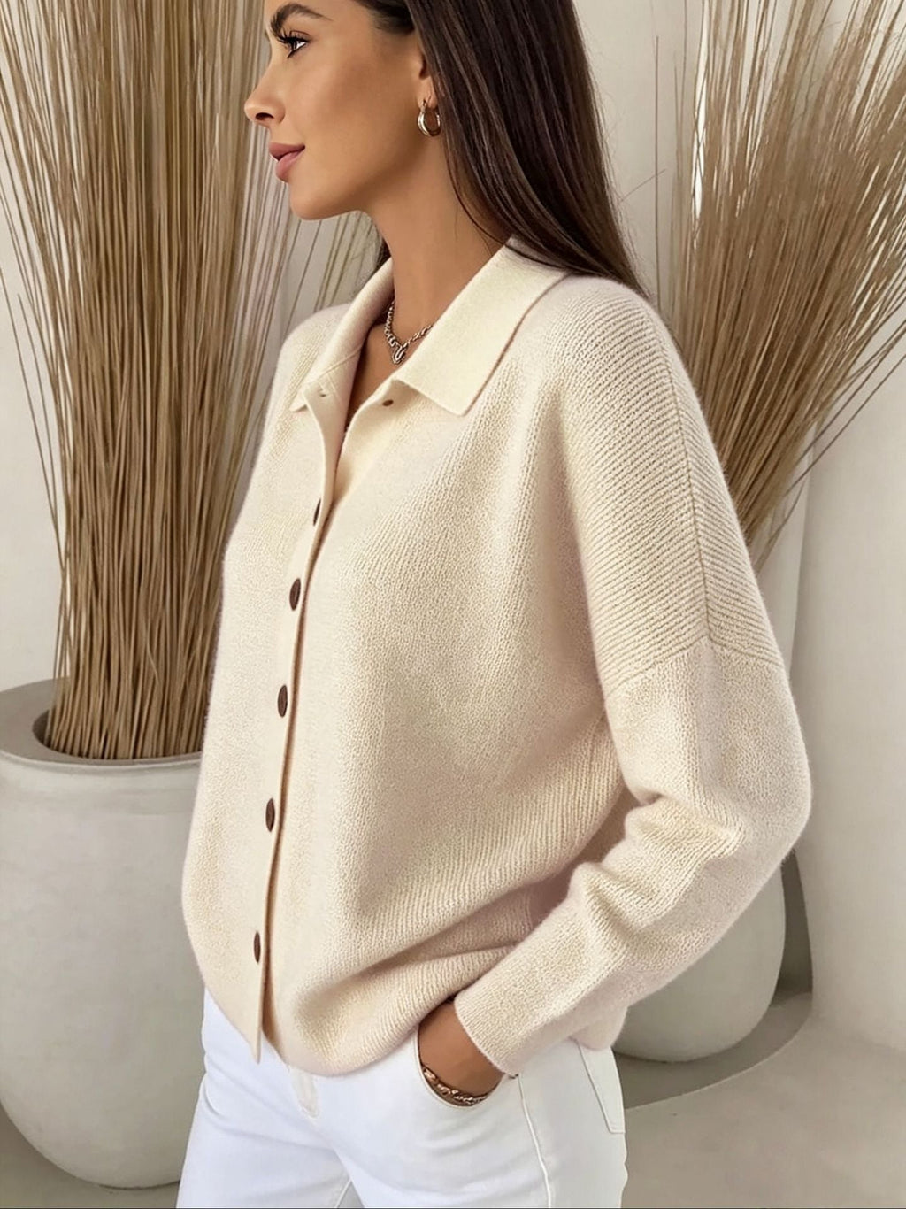 Goldie | Womens Polo Collar Button Front Knit Cardigan Sweater Jacket, Apricot